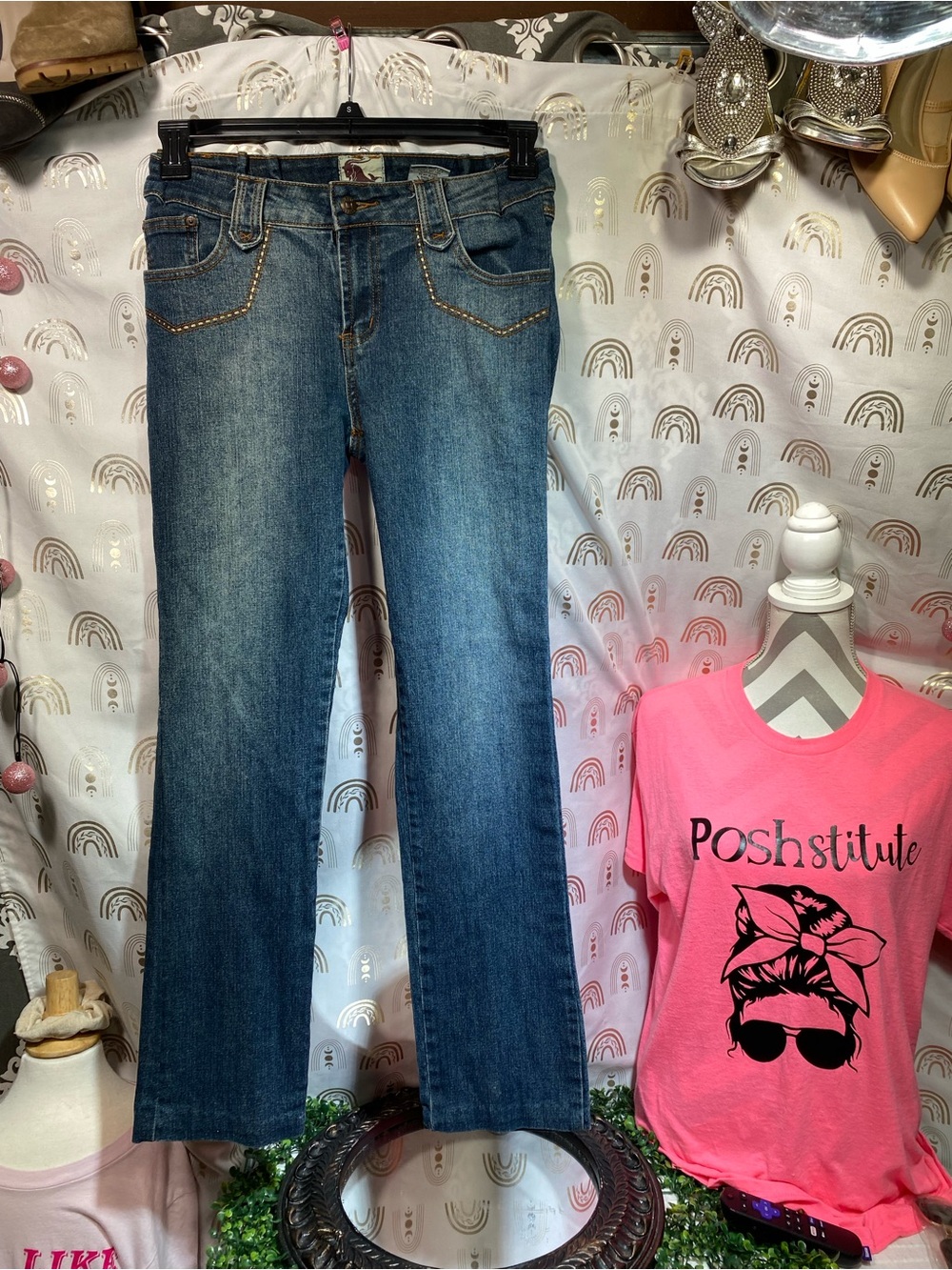 Zodiac Medium Blue Bootcut Jeans with Gold Stud Detailing